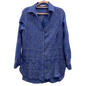Soft Surroundings Lightweight Blue Cotton Embroidered Button-Up Shirt M
